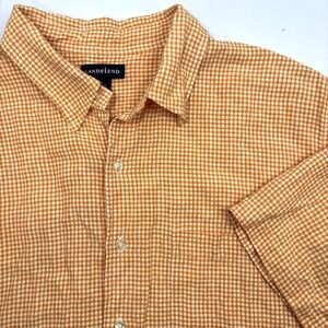 Lands End Mens Shirt 17 17.5 Button Down Orange White Gingham Short Sleeve Linen